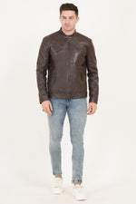 100% Heavy Washed Leather Snap Collar Jacket - Brown | MX19