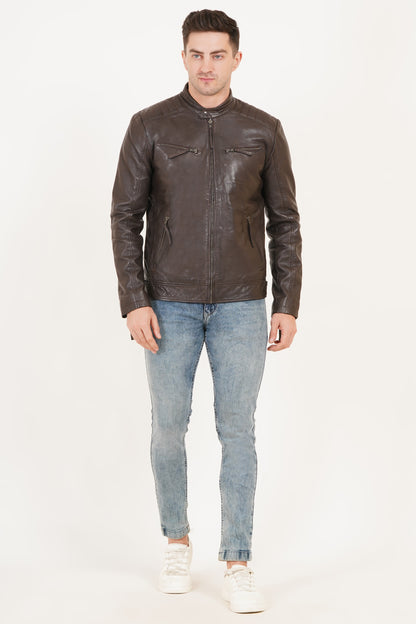 100% Heavy Washed Leather Snap Collar Jacket - Brown | MX19