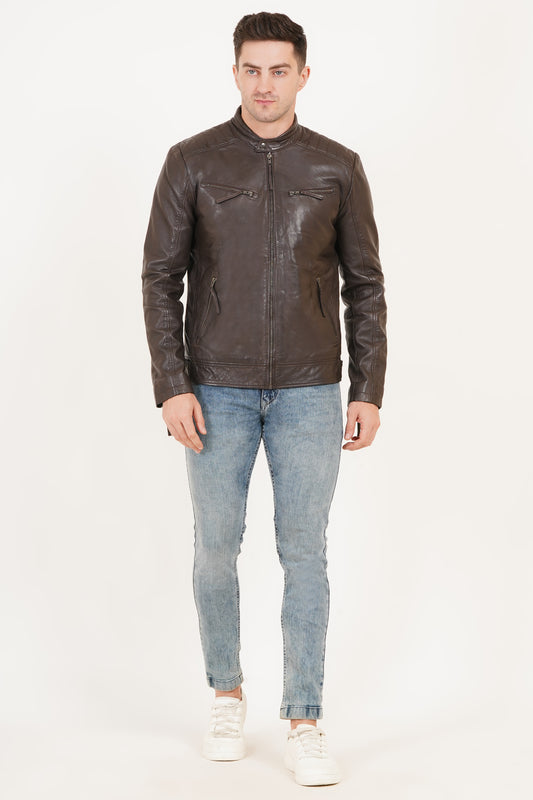 100% Heavy Washed Leather Snap Collar Jacket - Brown | MX19