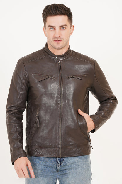 100% Heavy Washed Leather Snap Collar Jacket - Brown | MX19