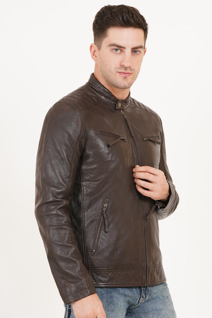 100% Heavy Washed Leather Snap Collar Jacket - Brown | MX19