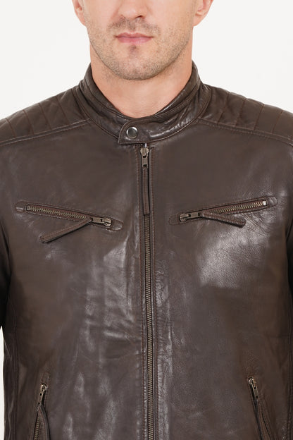 100% Heavy Washed Leather Snap Collar Jacket - Brown | MX19