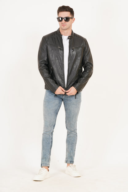 100% Heavy Washed Leather Snap Collar Jacket - Black | MX19