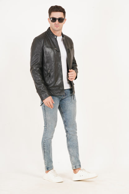 100% Heavy Washed Leather Snap Collar Jacket - Black | MX19