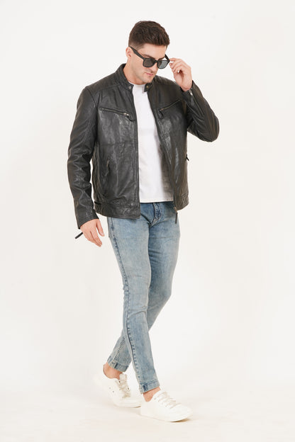 100% Heavy Washed Leather Snap Collar Jacket - Black | MX19
