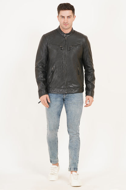 100% Heavy Washed Leather Snap Collar Jacket - Black | MX19