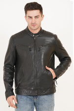 100% Heavy Washed Leather Snap Collar Jacket - Black | MX19