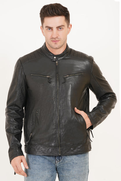 100% Heavy Washed Leather Snap Collar Jacket - Black | MX19