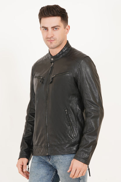 100% Heavy Washed Leather Snap Collar Jacket - Black | MX19