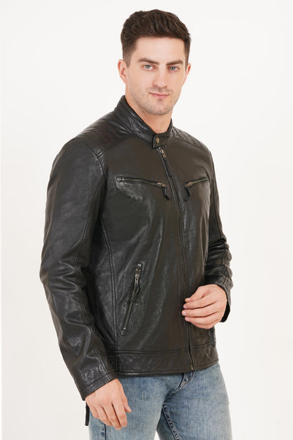 100% Heavy Washed Leather Snap Collar Jacket - Black | MX19