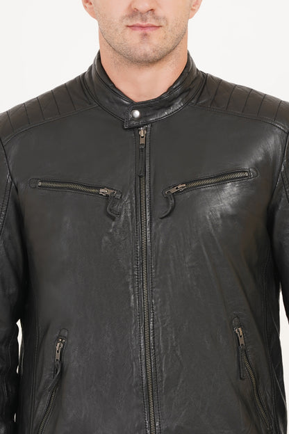 100% Heavy Washed Leather Snap Collar Jacket - Black | MX19