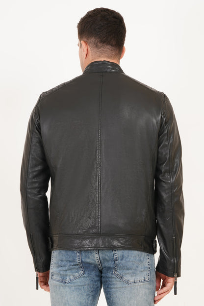 100% Heavy Washed Leather Snap Collar Jacket - Black | MX19