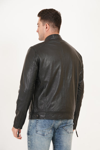 100% Heavy Washed Leather Snap Collar Jacket - Black | MX19