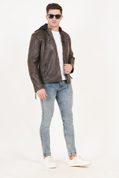 100% Heavy Washed  Detachable Hood Jacket - Brown | MX20