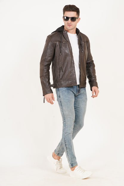 100% Heavy Washed  Detachable Hood Jacket - Brown | MX20
