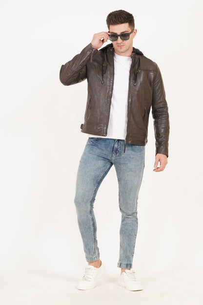 100% Heavy Washed  Detachable Hood Jacket - Brown | MX20