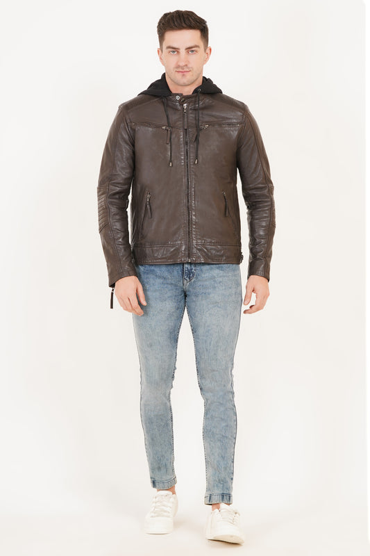 100% Heavy Washed  Detachable Hood Jacket - Brown | MX20