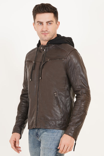 100% Heavy Washed  Detachable Hood Jacket - Brown | MX20