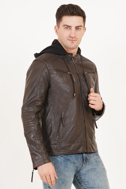 100% Heavy Washed  Detachable Hood Jacket - Brown | MX20