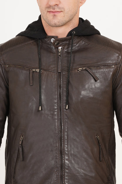100% Heavy Washed  Detachable Hood Jacket - Brown | MX20