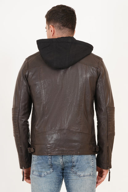 100% Heavy Washed  Detachable Hood Jacket - Brown | MX20