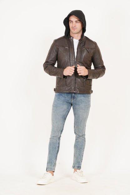 100% Heavy Washed  Detachable Hood Jacket - Brown | MX20