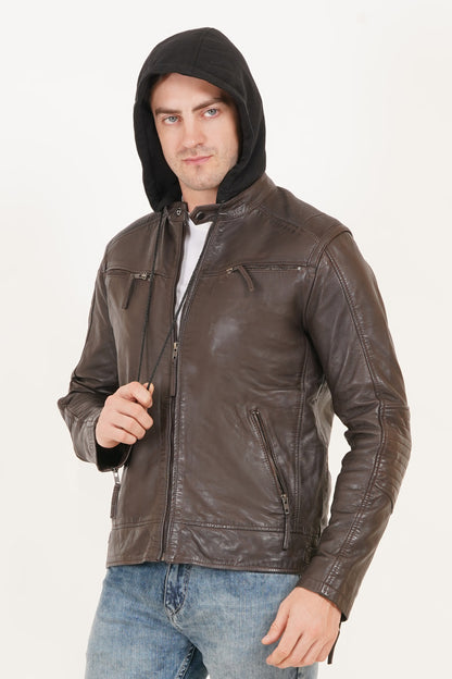 100% Heavy Washed  Detachable Hood Jacket - Brown | MX20
