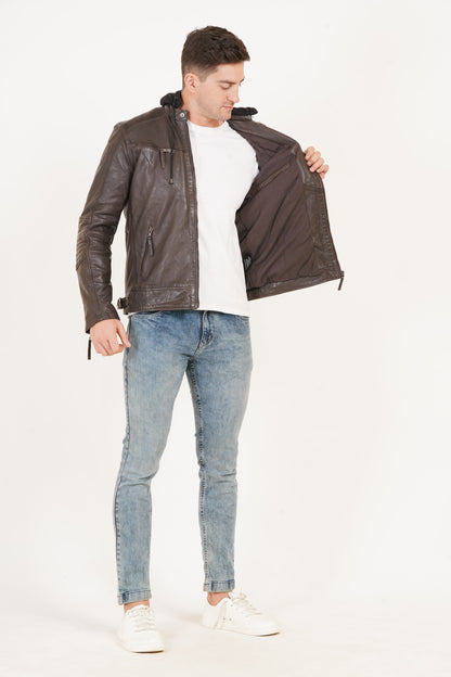 100% Heavy Washed  Detachable Hood Jacket - Brown | MX20