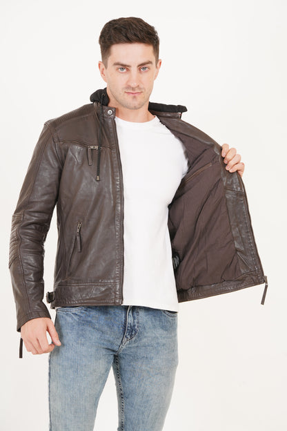 100% Heavy Washed  Detachable Hood Jacket - Brown | MX20