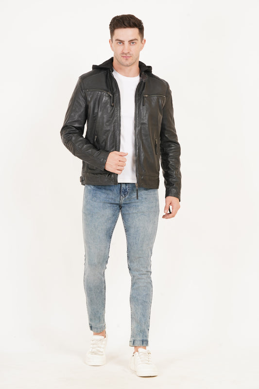 100% Heavy Washed Detachable Hood Jacket - Black | MX20