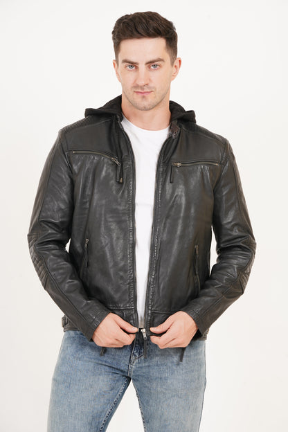 100% Heavy Washed Detachable Hood Jacket - Black | MX20
