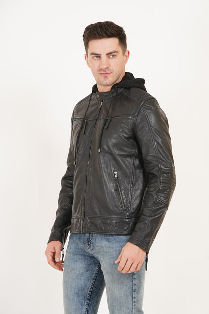 100% Heavy Washed Detachable Hood Jacket - Black | MX20