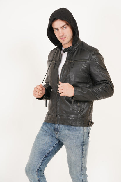 100% Heavy Washed Detachable Hood Jacket - Black | MX20