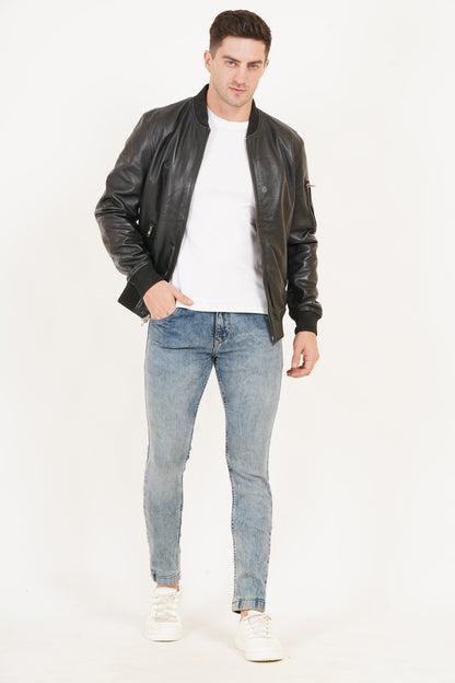 100% Washed Leather Rib Collar Bomber Jacket | MX59