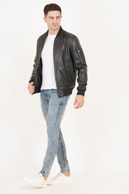 100% Washed Leather Rib Collar Bomber Jacket | MX59