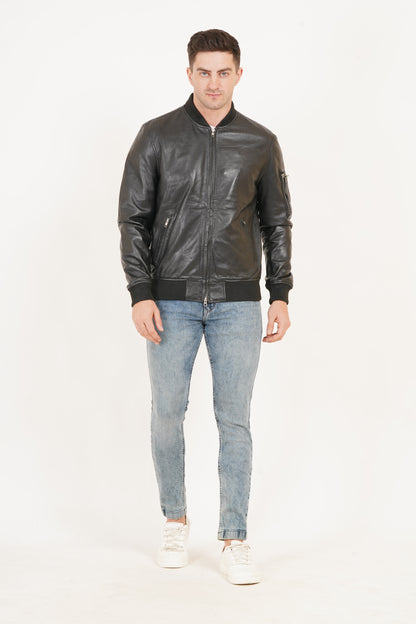 100% Washed Leather Rib Collar Bomber Jacket | MX59