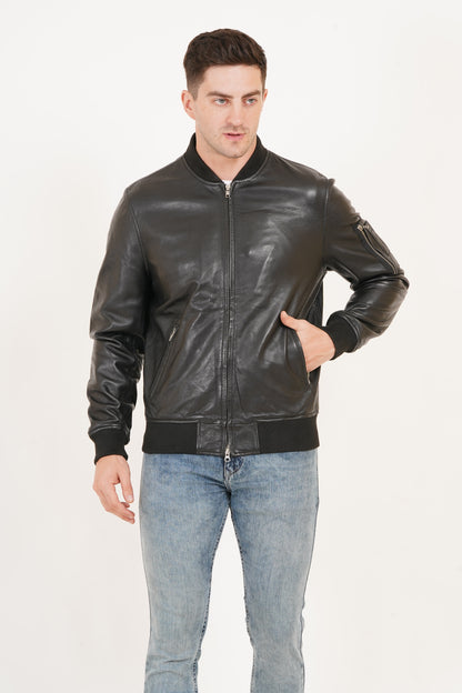 100% Washed Leather Rib Collar Bomber Jacket | MX59