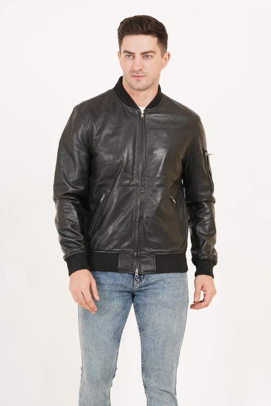 100% Washed Leather Rib Collar Bomber Jacket | MX59