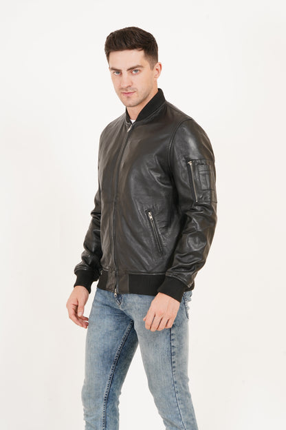 100% Washed Leather Rib Collar Bomber Jacket | MX59