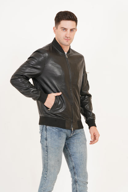 100% Washed Leather Rib Collar Bomber Jacket | MX59
