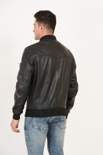 100% Washed Leather Rib Collar Bomber Jacket | MX59