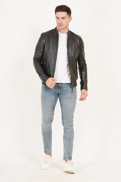100% Leather Stand Bomber Jacket | MX53