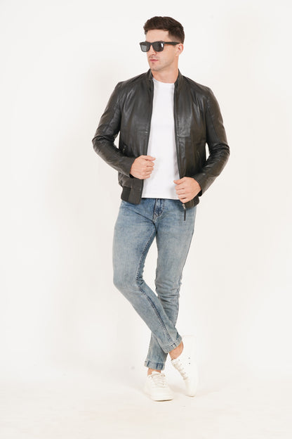 100% Leather Stand Bomber Jacket | MX53