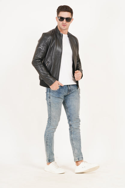 100% Leather Stand Bomber Jacket | MX53