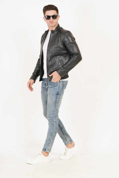 100% Leather Stand Bomber Jacket | MX53