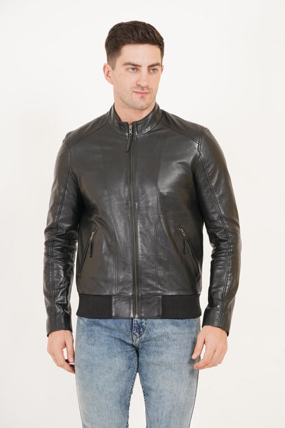 100% Leather Stand Bomber Jacket | MX53