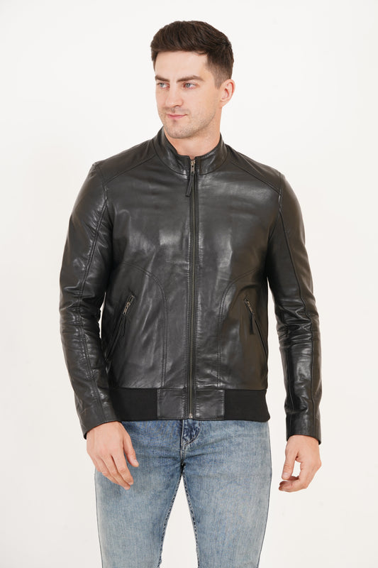 100% Leather Stand Bomber Jacket | MX53