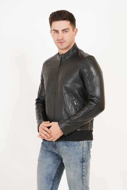 100% Leather Stand Bomber Jacket | MX53