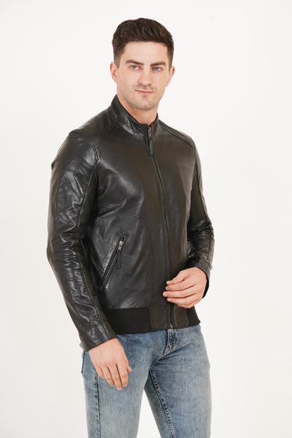 100% Leather Stand Bomber Jacket | MX53