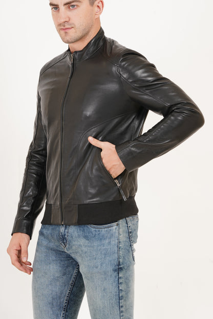 100% Leather Stand Bomber Jacket | MX53